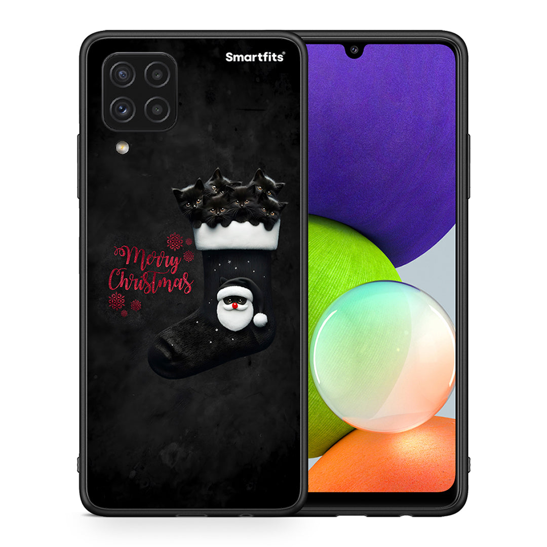 Θήκη Samsung A22 4G Merry Cat Christmas από τη Smartfits με σχέδιο στο πίσω μέρος και μαύρο περίβλημα | Samsung A22 4G Merry Cat Christmas case with colorful back and black bezels