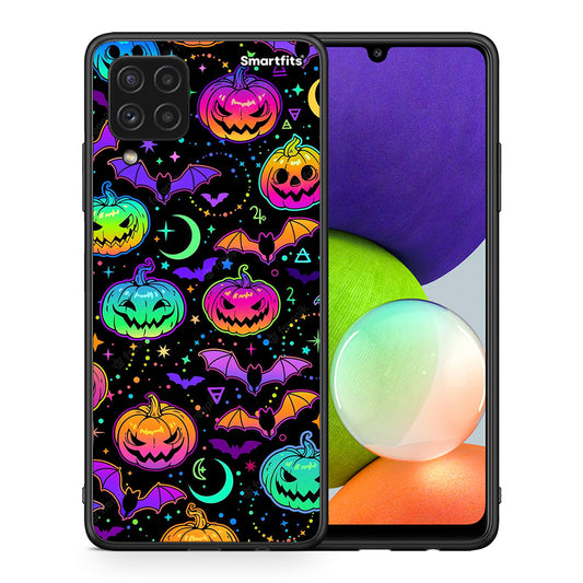 Θήκη Samsung A22 4G Neon Halloween από τη Smartfits με σχέδιο στο πίσω μέρος και μαύρο περίβλημα | Samsung A22 4G Neon Halloween case with colorful back and black bezels