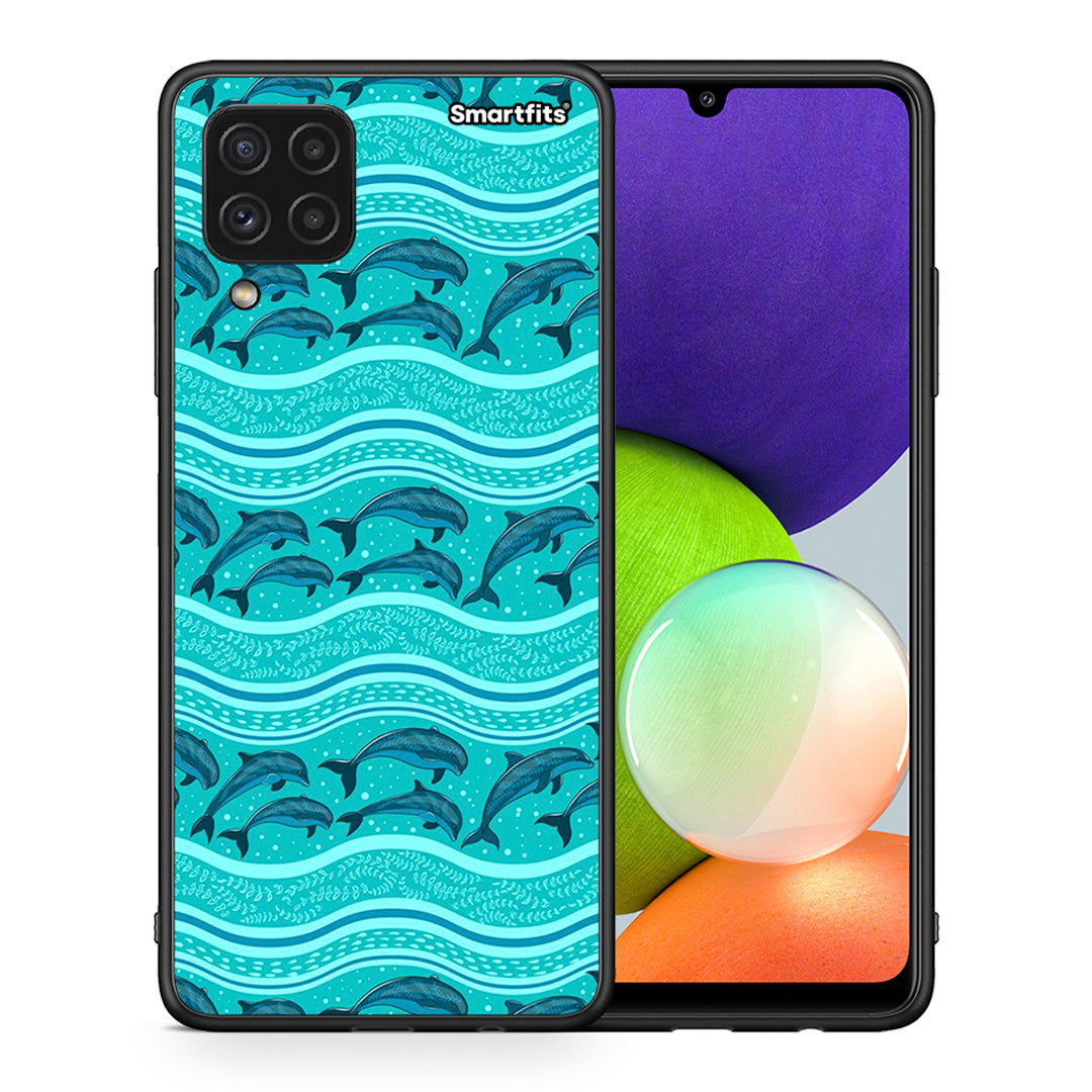 Θήκη Samsung A22 4G Swimming Dolphins από τη Smartfits με σχέδιο στο πίσω μέρος και μαύρο περίβλημα | Samsung A22 4G Swimming Dolphins case with colorful back and black bezels