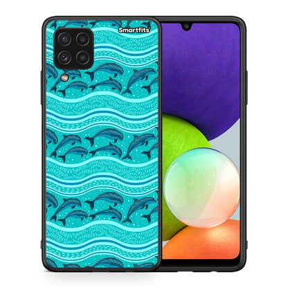 Θήκη Samsung A22 4G Swimming Dolphins από τη Smartfits με σχέδιο στο πίσω μέρος και μαύρο περίβλημα | Samsung A22 4G Swimming Dolphins case with colorful back and black bezels