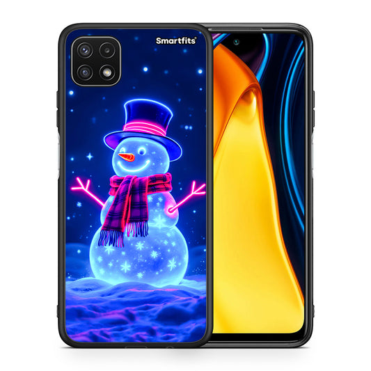 Θήκη Samsung A22 5G Christmas Neon Snowman από τη Smartfits με σχέδιο στο πίσω μέρος και μαύρο περίβλημα | Samsung A22 5G Christmas Neon Snowman case with colorful back and black bezels