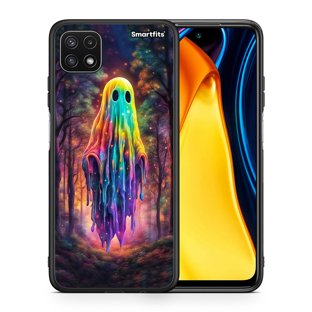 Θήκη Samsung A22 5G Halloween Ghost από τη Smartfits με σχέδιο στο πίσω μέρος και μαύρο περίβλημα | Samsung A22 5G Halloween Ghost case with colorful back and black bezels