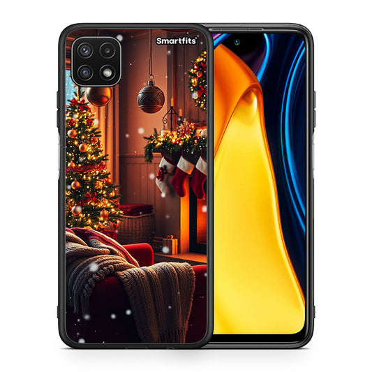 Θήκη Samsung A22 5G Home For Christmas από τη Smartfits με σχέδιο στο πίσω μέρος και μαύρο περίβλημα | Samsung A22 5G Home For Christmas case with colorful back and black bezels