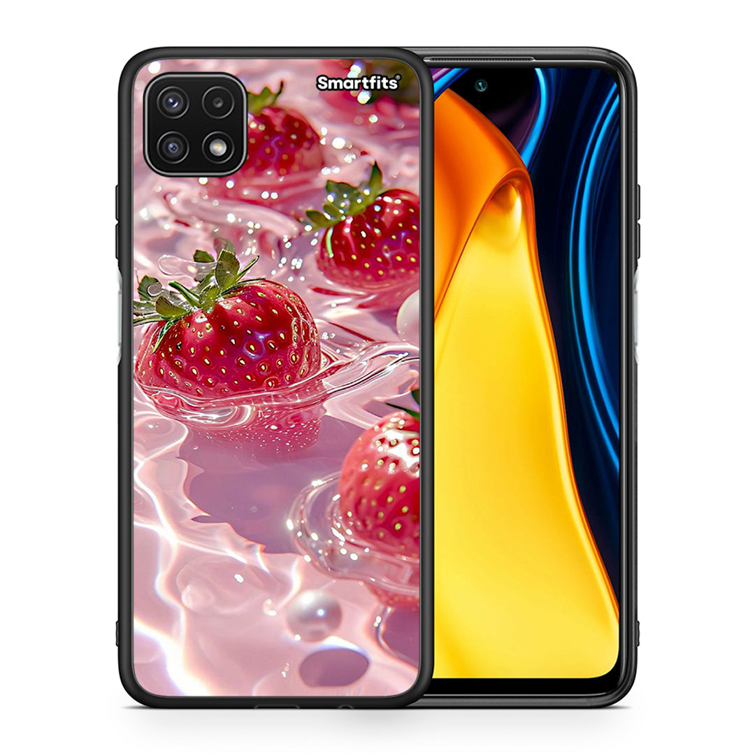 Θήκη Samsung A22 5G Juicy Strawberries από τη Smartfits με σχέδιο στο πίσω μέρος και μαύρο περίβλημα | Samsung A22 5G Juicy Strawberries case with colorful back and black bezels