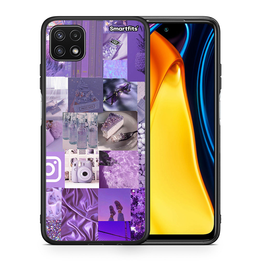 Θήκη Samsung A22 5G Purple Aesthetic Collage από τη Smartfits με σχέδιο στο πίσω μέρος και μαύρο περίβλημα | Samsung A22 5G Purple Aesthetic Collage case with colorful back and black bezels