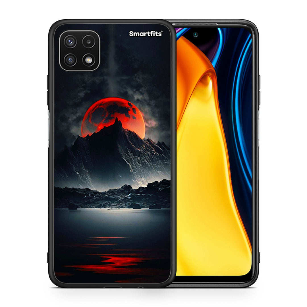 Θήκη Samsung A22 5G Red Full Moon από τη Smartfits με σχέδιο στο πίσω μέρος και μαύρο περίβλημα | Samsung A22 5G Red Full Moon case with colorful back and black bezels