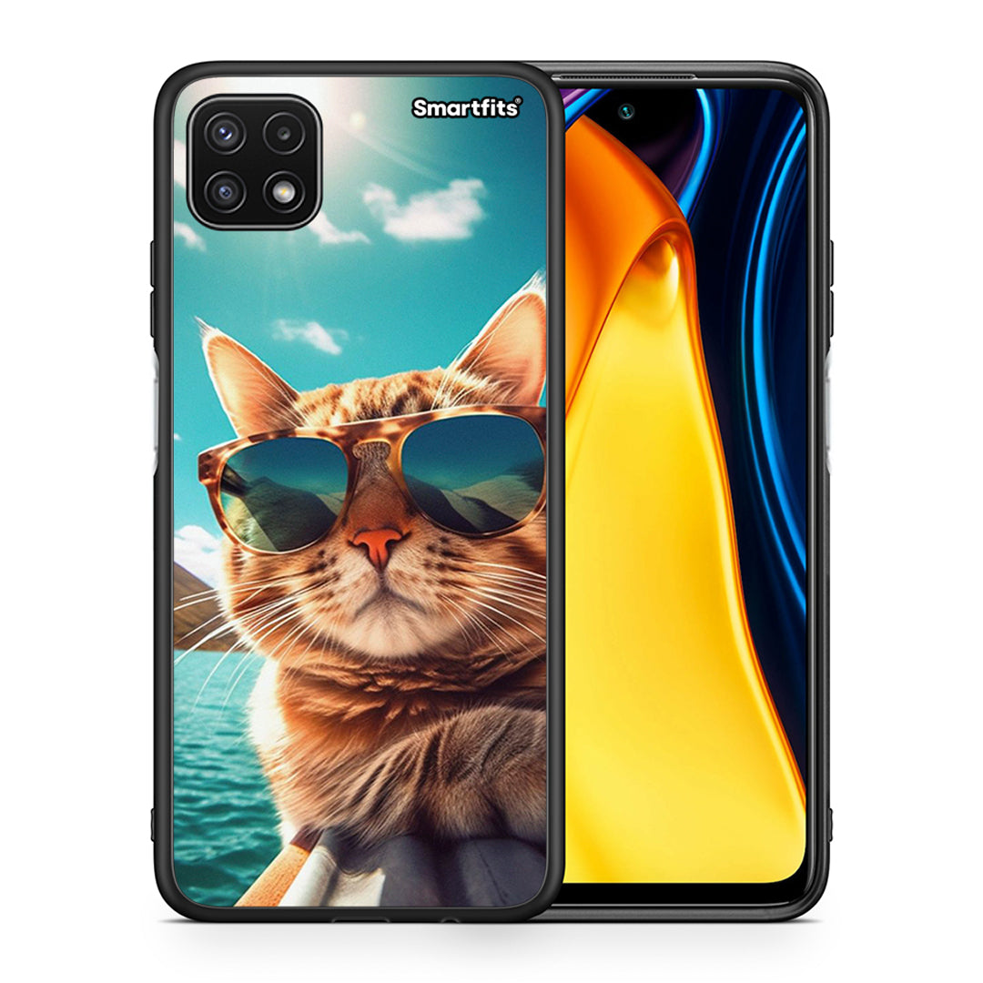 Θήκη Samsung A22 5G Summer Cat από τη Smartfits με σχέδιο στο πίσω μέρος και μαύρο περίβλημα | Samsung A22 5G Summer Cat case with colorful back and black bezels