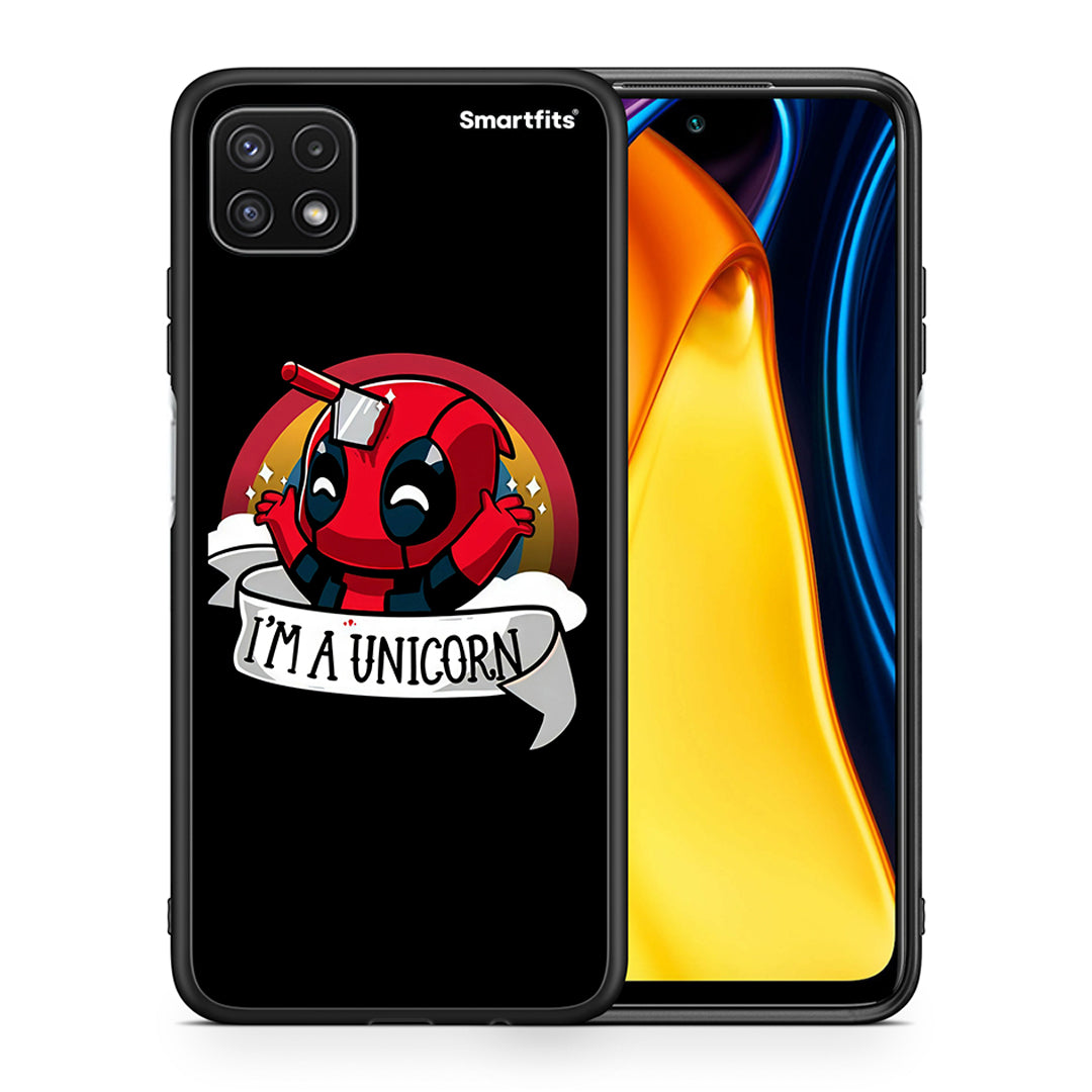 Θήκη Samsung A22 5G Unicorn Deadpool από τη Smartfits με σχέδιο στο πίσω μέρος και μαύρο περίβλημα | Samsung A22 5G Unicorn Deadpool case with colorful back and black bezels