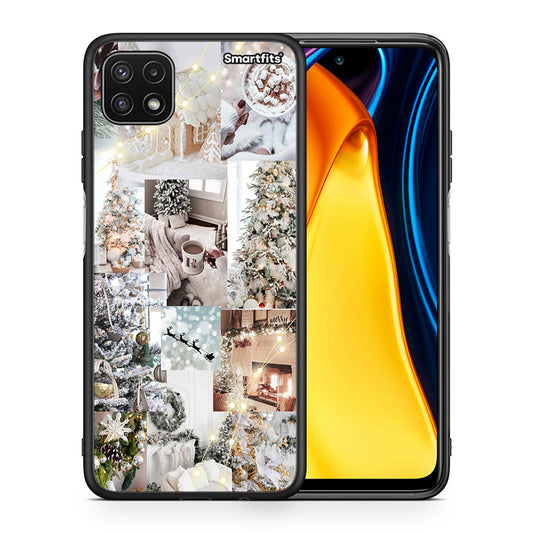 Θήκη Samsung A22 5G White Christmas από τη Smartfits με σχέδιο στο πίσω μέρος και μαύρο περίβλημα | Samsung A22 5G White Christmas case with colorful back and black bezels