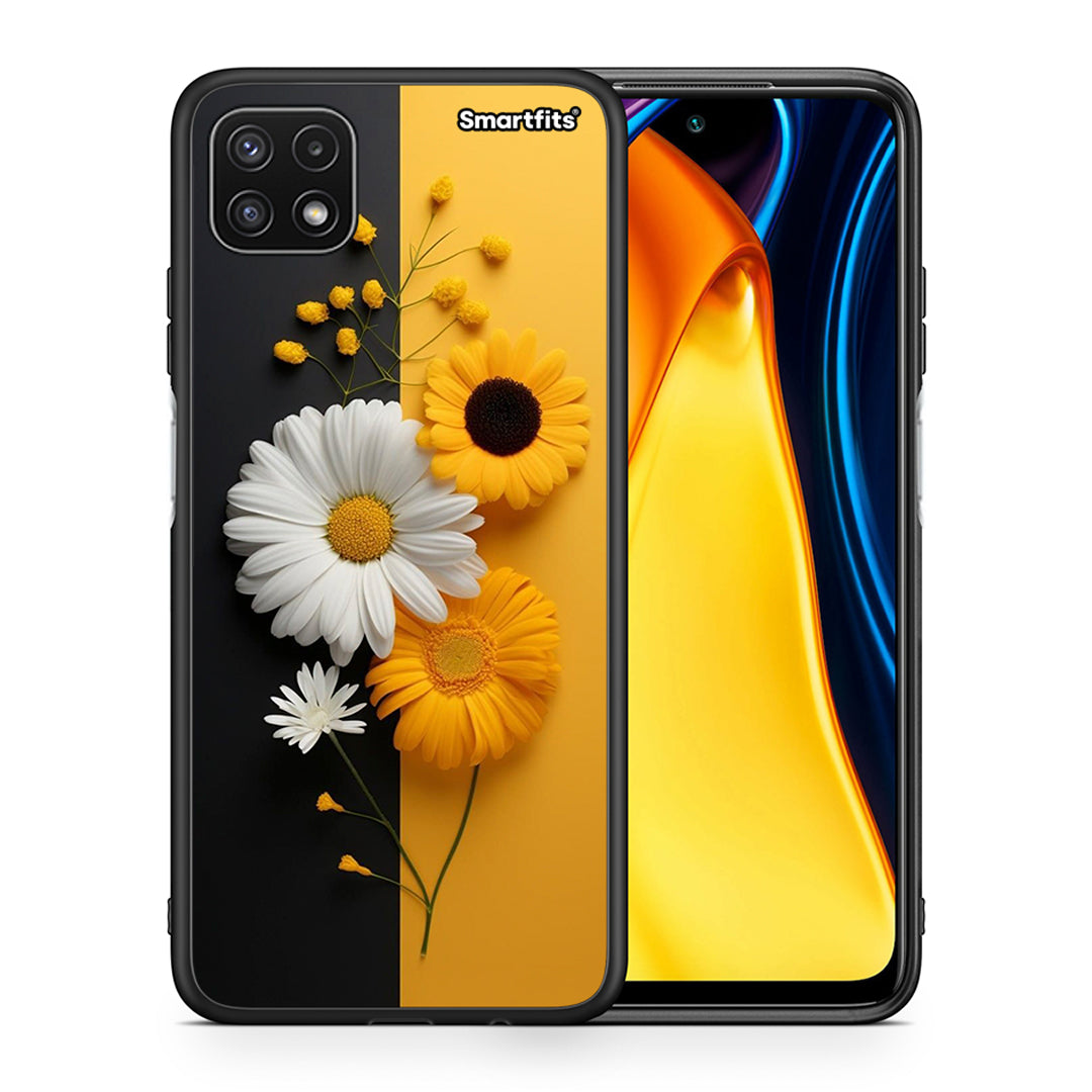 Θήκη Samsung A22 5G Yellow Daisies από τη Smartfits με σχέδιο στο πίσω μέρος και μαύρο περίβλημα | Samsung A22 5G Yellow Daisies case with colorful back and black bezels