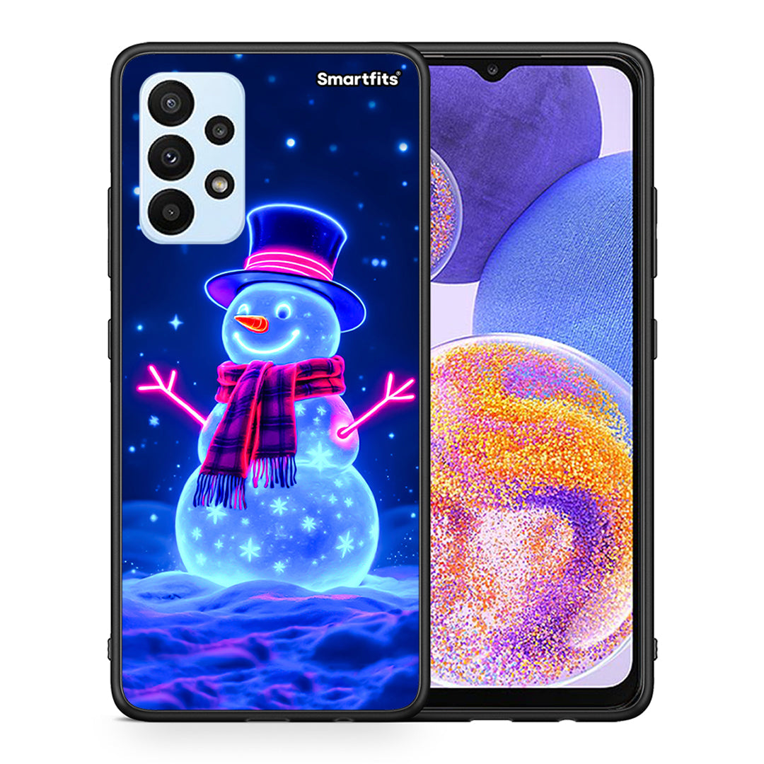 Θήκη Samsung A23 Christmas Neon Snowman από τη Smartfits με σχέδιο στο πίσω μέρος και μαύρο περίβλημα | Samsung A23 Christmas Neon Snowman case with colorful back and black bezels