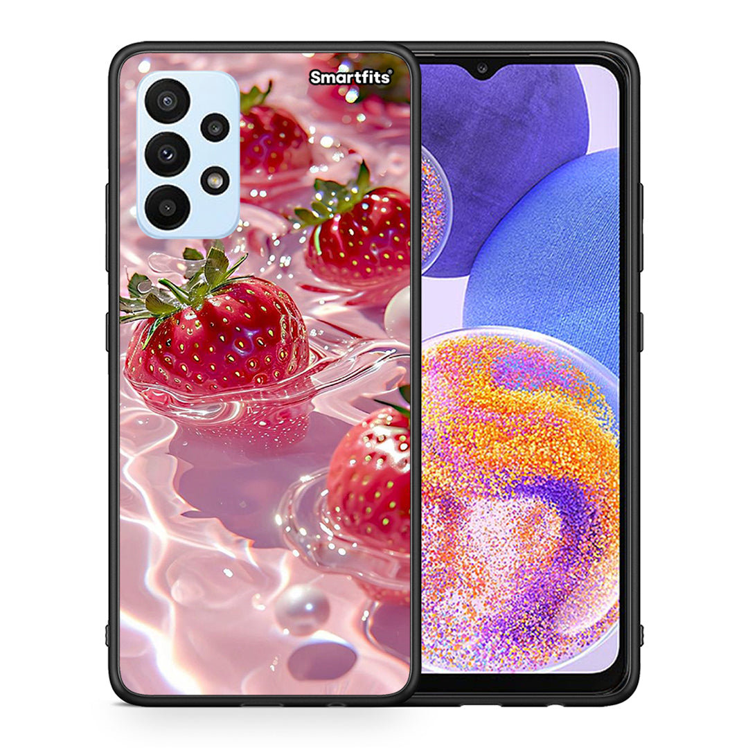 Θήκη Samsung A23 Juicy Strawberries από τη Smartfits με σχέδιο στο πίσω μέρος και μαύρο περίβλημα | Samsung A23 Juicy Strawberries case with colorful back and black bezels