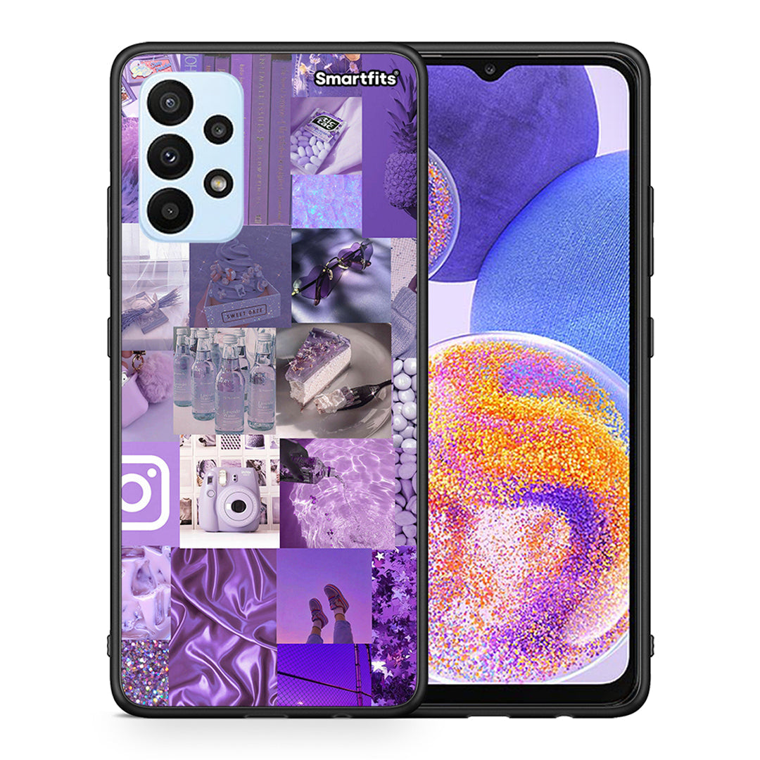 Θήκη Samsung A23 Purple Aesthetic Collage από τη Smartfits με σχέδιο στο πίσω μέρος και μαύρο περίβλημα | Samsung A23 Purple Aesthetic Collage case with colorful back and black bezels