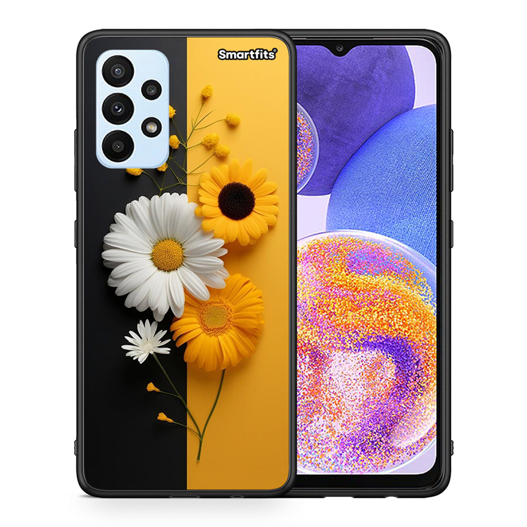 Θήκη Samsung A23 Yellow Daisies από τη Smartfits με σχέδιο στο πίσω μέρος και μαύρο περίβλημα | Samsung A23 Yellow Daisies case with colorful back and black bezels