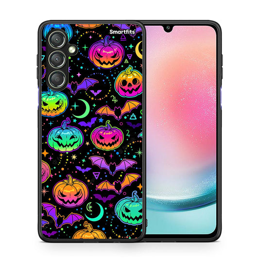 Θήκη Samsung Galaxy A24 4G Neon Halloween από τη Smartfits με σχέδιο στο πίσω μέρος και μαύρο περίβλημα | Samsung Galaxy A24 4G Neon Halloween Case with Colorful Back and Black Bezels