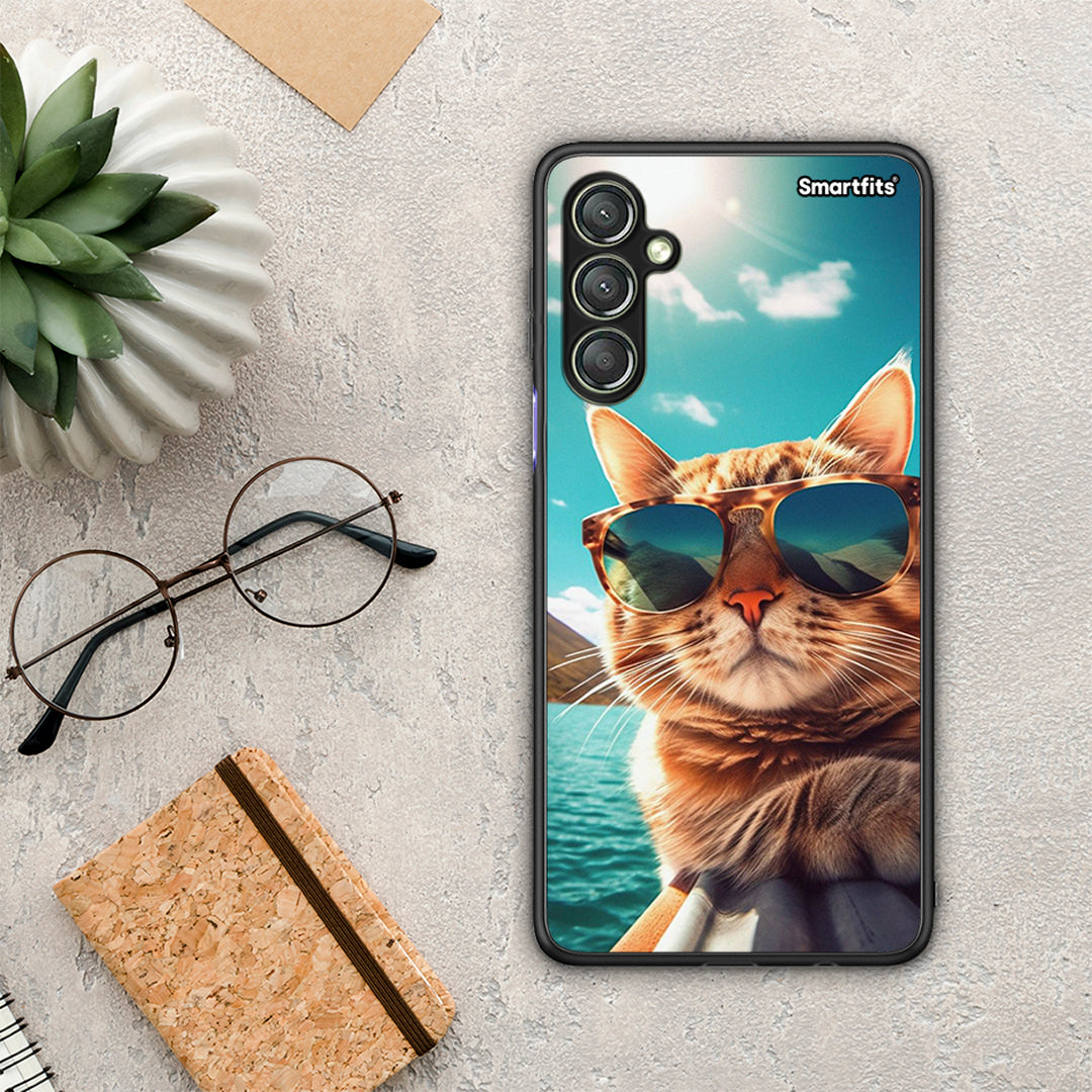Θήκη Samsung Galaxy A24 4G Summer Cat από τη Smartfits με σχέδιο στο πίσω μέρος και μαύρο περίβλημα | Samsung Galaxy A24 4G Summer Cat Case with Colorful Back and Black Bezels