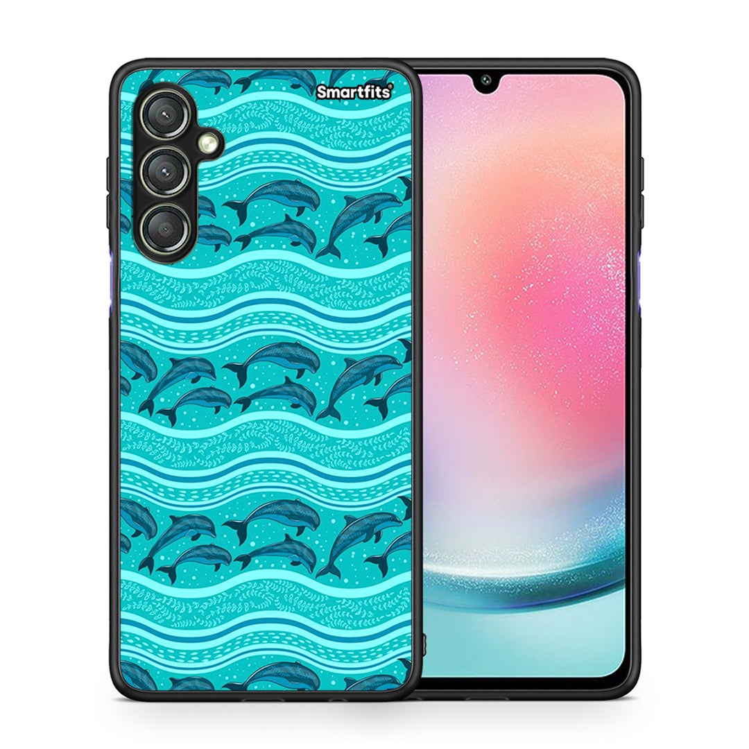 Θήκη Samsung Galaxy A24 4G Swimming Dolphins από τη Smartfits με σχέδιο στο πίσω μέρος και μαύρο περίβλημα | Samsung Galaxy A24 4G Swimming Dolphins Case with Colorful Back and Black Bezels