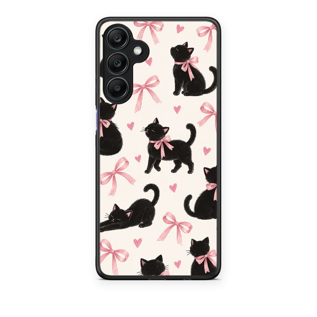 Θήκη Samsung Galaxy A25 5G Black Kittens and Pink Bows on Cream Large από τη Smartfits με σχέδιο στο πίσω μέρος και μαύρο περίβλημα | Samsung Galaxy A25 5G Black Kittens and Pink Bows on Cream Large case with colorful back and black bezels
