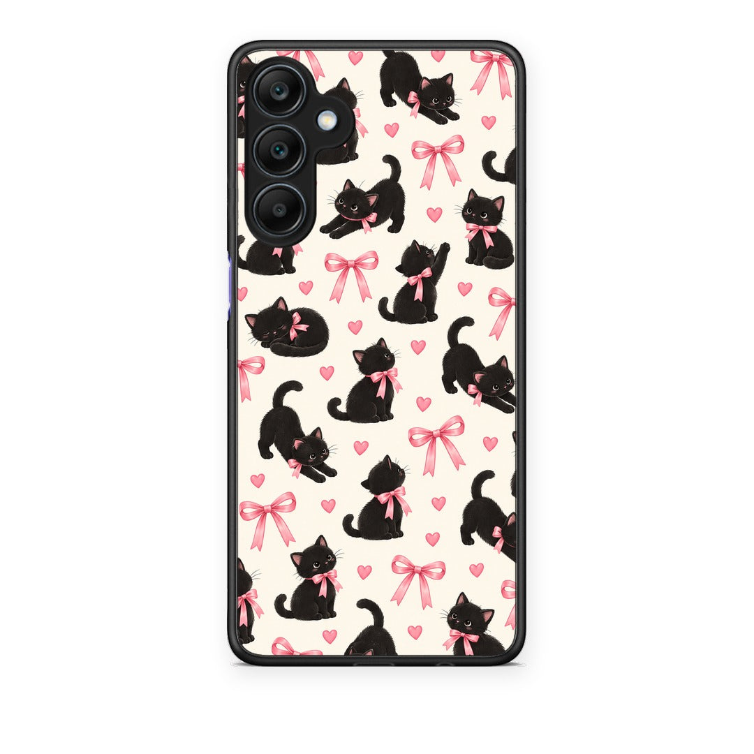 Θήκη Samsung Galaxy A25 5G Black Kittens and Pink Bows on Cream Small από τη Smartfits με σχέδιο στο πίσω μέρος και μαύρο περίβλημα | Samsung Galaxy A25 5G Black Kittens and Pink Bows on Cream Small case with colorful back and black bezels