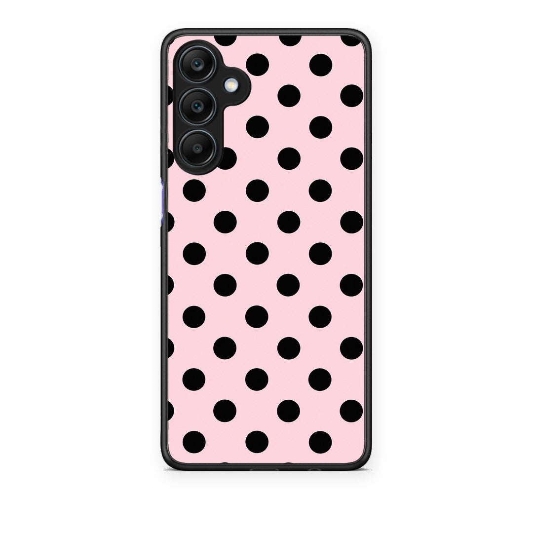 Θήκη Samsung Galaxy A25 5G Black Polka Dots on Pink από τη Smartfits με σχέδιο στο πίσω μέρος και μαύρο περίβλημα | Samsung Galaxy A25 5G Black Polka Dots on Pink case with colorful back and black bezels