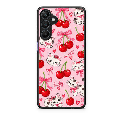Θήκη Samsung Galaxy A25 5G Cherries Bows and Kittens on Pink από τη Smartfits με σχέδιο στο πίσω μέρος και μαύρο περίβλημα | Samsung Galaxy A25 5G Cherries Bows and Kittens on Pink case with colorful back and black bezels