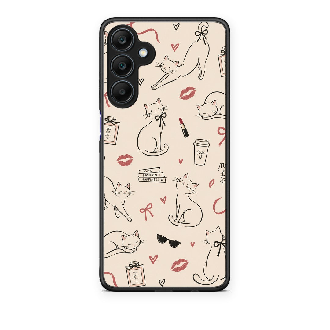 Θήκη Samsung Galaxy A25 5G Minimal Cat and Fashion Doodles on Cream από τη Smartfits με σχέδιο στο πίσω μέρος και μαύρο περίβλημα | Samsung Galaxy A25 5G Minimal Cat and Fashion Doodles on Cream case with colorful back and black bezels