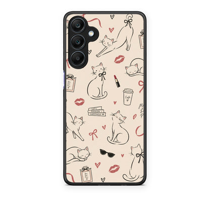 Θήκη Samsung Galaxy A25 5G Minimal Cat and Fashion Doodles on Cream από τη Smartfits με σχέδιο στο πίσω μέρος και μαύρο περίβλημα | Samsung Galaxy A25 5G Minimal Cat and Fashion Doodles on Cream case with colorful back and black bezels