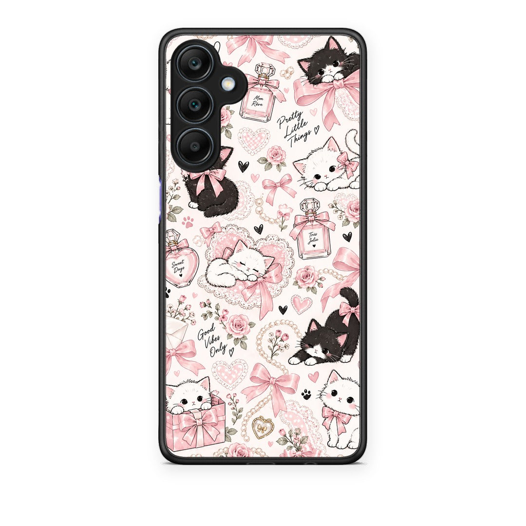 Θήκη Samsung Galaxy A25 5G Pink Bows and Kittens Collage από τη Smartfits με σχέδιο στο πίσω μέρος και μαύρο περίβλημα | Samsung Galaxy A25 5G Pink Bows and Kittens Collage case with colorful back and black bezels