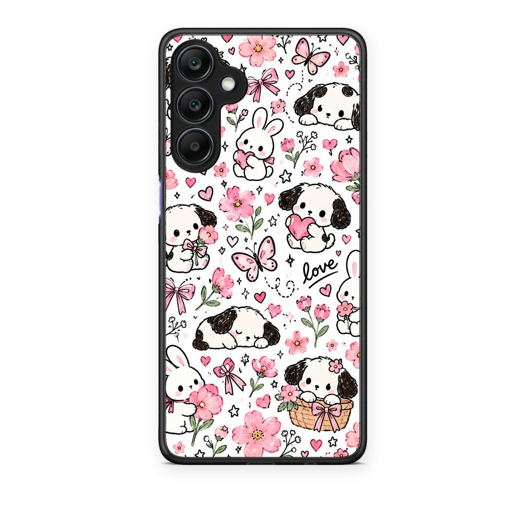 Θήκη Samsung Galaxy A25 5G Pink Florals Puppies and Bunnies on White από τη Smartfits με σχέδιο στο πίσω μέρος και μαύρο περίβλημα | Samsung Galaxy A25 5G Pink Florals Puppies and Bunnies on White case with colorful back and black bezels