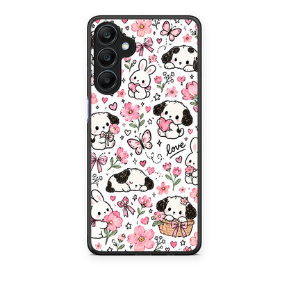 Θήκη Samsung Galaxy A25 5G Pink Florals Puppies and Bunnies on White από τη Smartfits με σχέδιο στο πίσω μέρος και μαύρο περίβλημα | Samsung Galaxy A25 5G Pink Florals Puppies and Bunnies on White case with colorful back and black bezels