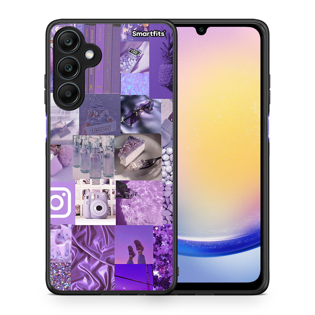 Θήκη Samsung Galaxy A25 5G Purple Aesthetic Collage από τη Smartfits με σχέδιο στο πίσω μέρος και μαύρο περίβλημα | Samsung Galaxy A25 5G Purple Aesthetic Collage case with colorful back and black bezels