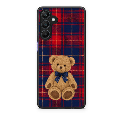 Θήκη Samsung Galaxy A25 5G Teddy Bear on Red and Navy Tartan από τη Smartfits με σχέδιο στο πίσω μέρος και μαύρο περίβλημα | Samsung Galaxy A25 5G Teddy Bear on Red and Navy Tartan case with colorful back and black bezels