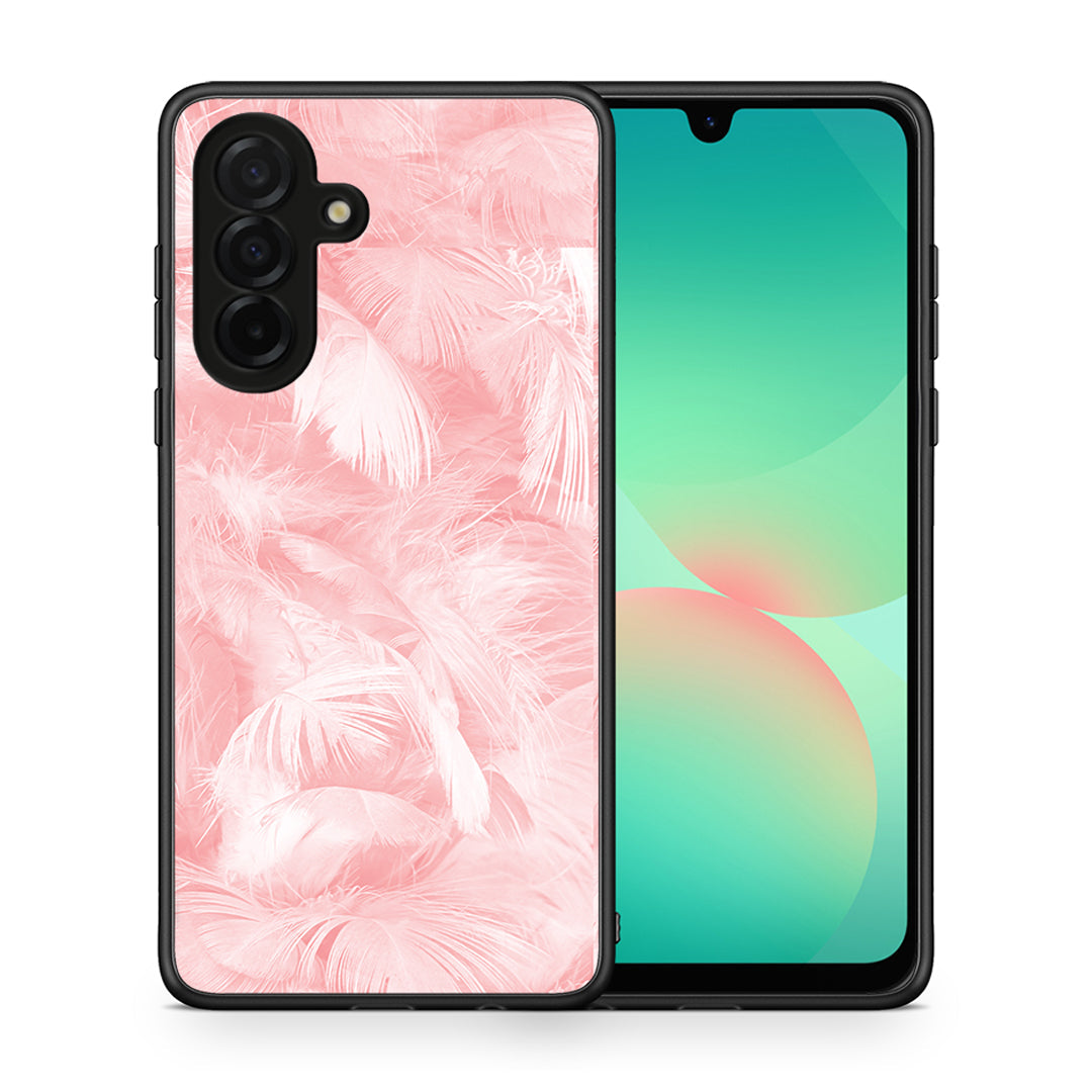 Θήκη Samsung Galaxy A26 5G Pink Feather Boho από τη Smartfits με σχέδιο στο πίσω μέρος και μαύρο περίβλημα | Samsung Galaxy A26 5G Pink Feather Boho case with colorful back and black bezels