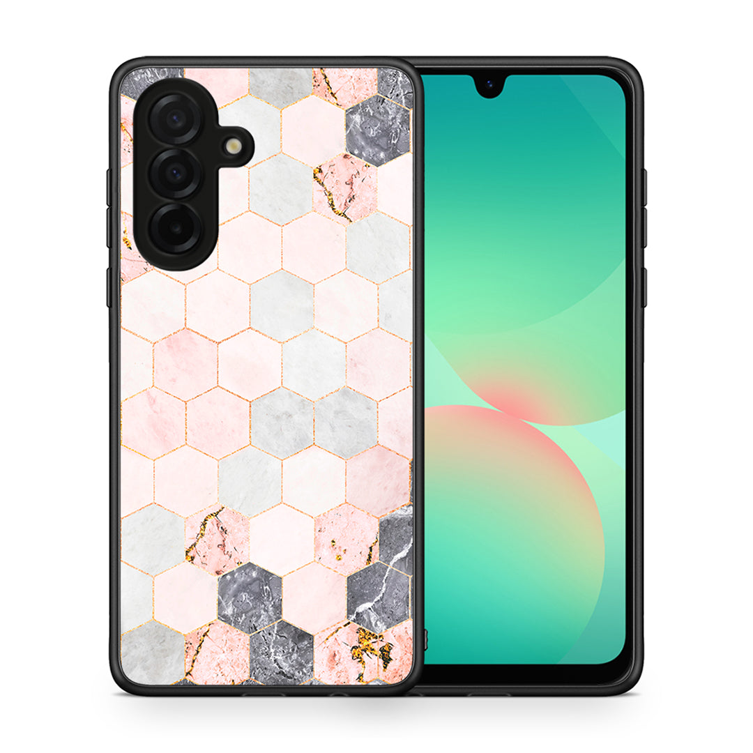 Θήκη Samsung Galaxy A26 5G Hexagon Pink Marble από τη Smartfits με σχέδιο στο πίσω μέρος και μαύρο περίβλημα | Samsung Galaxy A26 5G Hexagon Pink Marble case with colorful back and black bezels