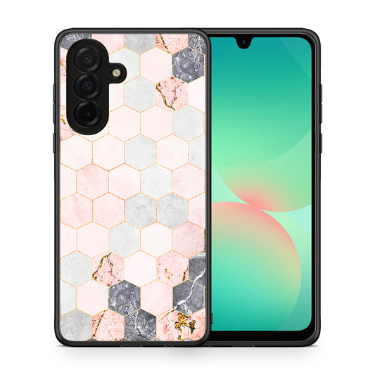 Θήκη Samsung Galaxy A26 5G Hexagon Pink Marble από τη Smartfits με σχέδιο στο πίσω μέρος και μαύρο περίβλημα | Samsung Galaxy A26 5G Hexagon Pink Marble case with colorful back and black bezels
