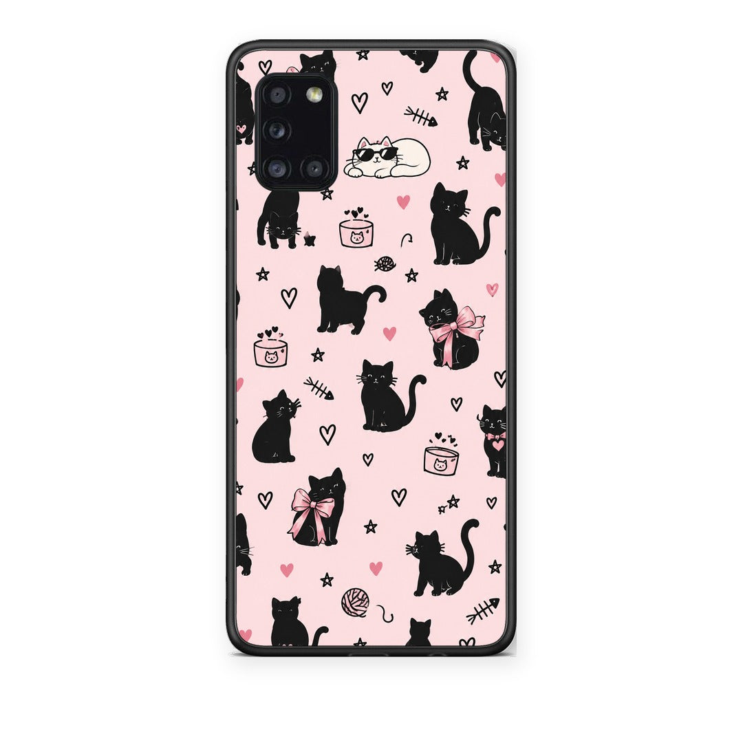 Θήκη Samsung Galaxy A31 Black Cat Doodles on Pink από τη Smartfits με σχέδιο στο πίσω μέρος και μαύρο περίβλημα | Samsung Galaxy A31 Black Cat Doodles on Pink case with colorful back and black bezels