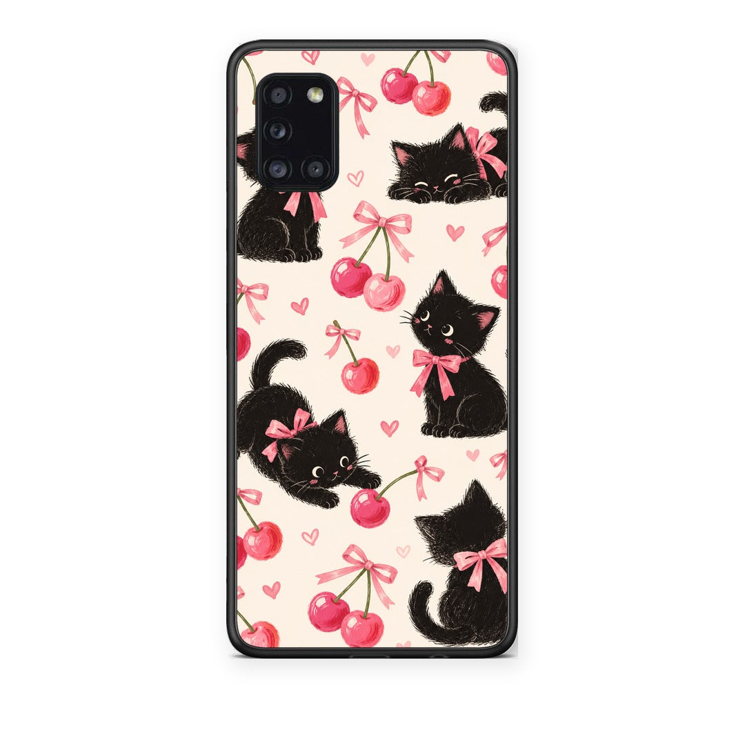 Θήκη Samsung Galaxy A31 Black Kittens and Cherries on Cream από τη Smartfits με σχέδιο στο πίσω μέρος και μαύρο περίβλημα | Samsung Galaxy A31 Black Kittens and Cherries on Cream case with colorful back and black bezels
