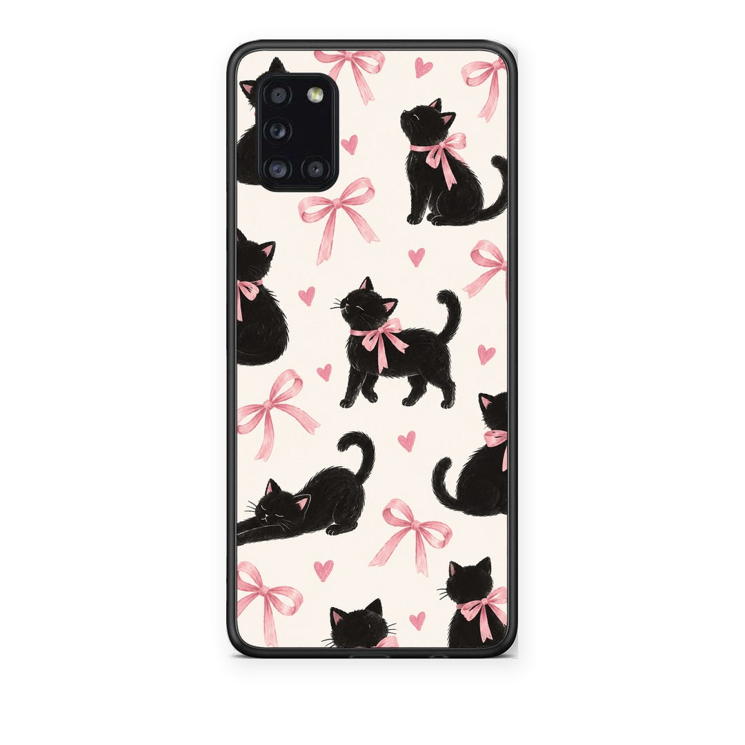 Θήκη Samsung Galaxy A31 Black Kittens and Pink Bows on Cream Large από τη Smartfits με σχέδιο στο πίσω μέρος και μαύρο περίβλημα | Samsung Galaxy A31 Black Kittens and Pink Bows on Cream Large case with colorful back and black bezels