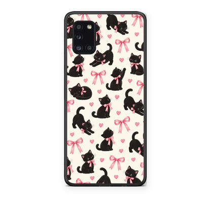 Θήκη Samsung Galaxy A31 Black Kittens and Pink Bows on Cream Small από τη Smartfits με σχέδιο στο πίσω μέρος και μαύρο περίβλημα | Samsung Galaxy A31 Black Kittens and Pink Bows on Cream Small case with colorful back and black bezels
