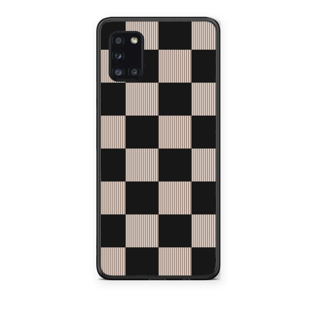 Θήκη Samsung Galaxy A31 Black and Taupe Striped Checks από τη Smartfits με σχέδιο στο πίσω μέρος και μαύρο περίβλημα | Samsung Galaxy A31 Black and Taupe Striped Checks case with colorful back and black bezels