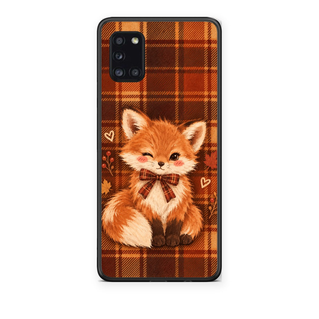 Θήκη Samsung Galaxy A31 Fox on Autumn Tartan από τη Smartfits με σχέδιο στο πίσω μέρος και μαύρο περίβλημα | Samsung Galaxy A31 Fox on Autumn Tartan case with colorful back and black bezels