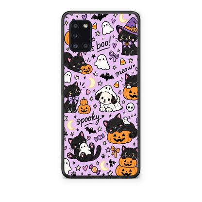 Θήκη Samsung Galaxy A31 Halloween Black Cats on Lilac από τη Smartfits με σχέδιο στο πίσω μέρος και μαύρο περίβλημα | Samsung Galaxy A31 Halloween Black Cats on Lilac case with colorful back and black bezels
