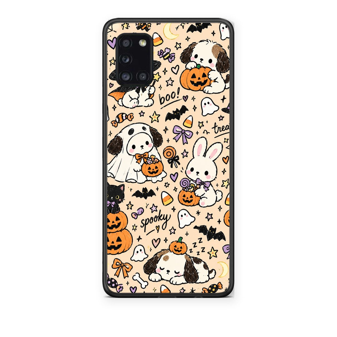 Θήκη Samsung Galaxy A31 Halloween Puppies and Friends on Cream από τη Smartfits με σχέδιο στο πίσω μέρος και μαύρο περίβλημα | Samsung Galaxy A31 Halloween Puppies and Friends on Cream case with colorful back and black bezels