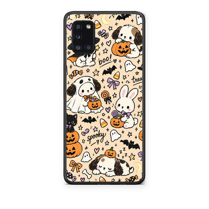 Θήκη Samsung Galaxy A31 Halloween Puppies and Friends on Cream από τη Smartfits με σχέδιο στο πίσω μέρος και μαύρο περίβλημα | Samsung Galaxy A31 Halloween Puppies and Friends on Cream case with colorful back and black bezels