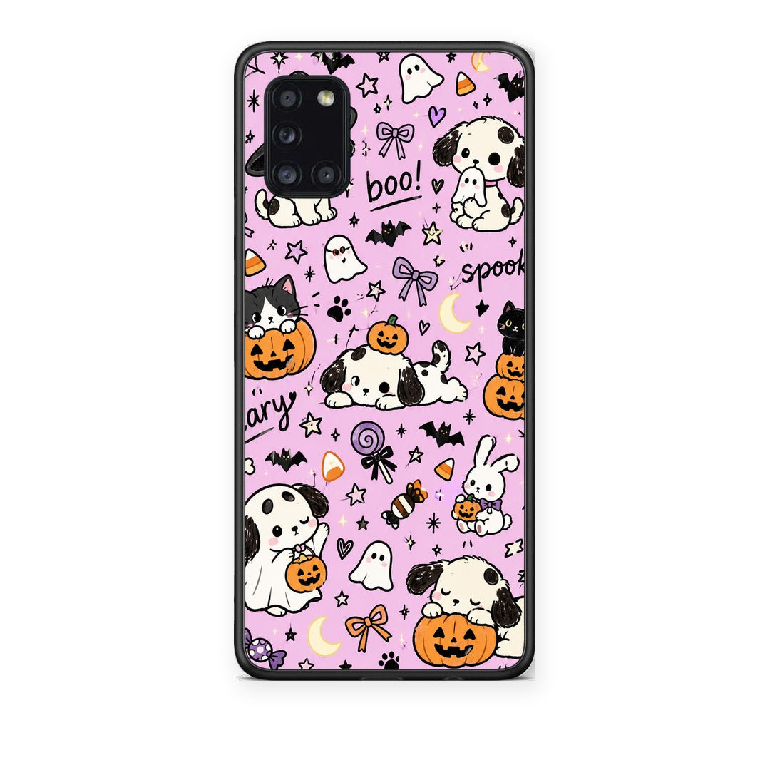 Θήκη Samsung Galaxy A31 Halloween Puppies and Friends on Lilac από τη Smartfits με σχέδιο στο πίσω μέρος και μαύρο περίβλημα | Samsung Galaxy A31 Halloween Puppies and Friends on Lilac case with colorful back and black bezels