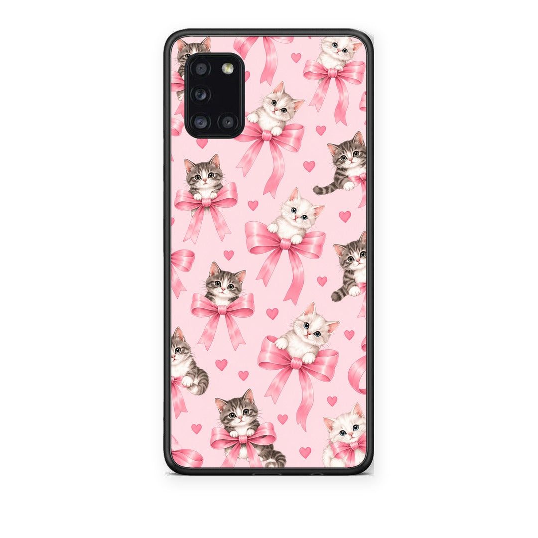 Θήκη Samsung Galaxy A31 Kittens and Pink Bows on Pink από τη Smartfits με σχέδιο στο πίσω μέρος και μαύρο περίβλημα | Samsung Galaxy A31 Kittens and Pink Bows on Pink case with colorful back and black bezels