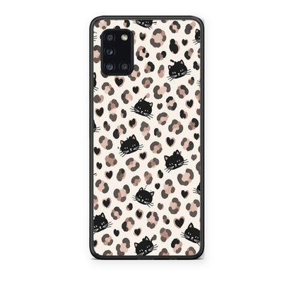Θήκη Samsung Galaxy A31 Leopard Spots and Black Cats on Cream από τη Smartfits με σχέδιο στο πίσω μέρος και μαύρο περίβλημα | Samsung Galaxy A31 Leopard Spots and Black Cats on Cream case with colorful back and black bezels