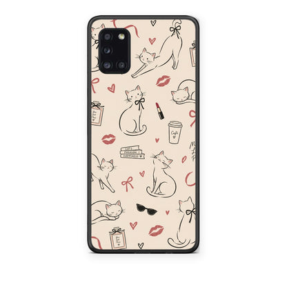 Θήκη Samsung Galaxy A31 Minimal Cat and Fashion Doodles on Cream από τη Smartfits με σχέδιο στο πίσω μέρος και μαύρο περίβλημα | Samsung Galaxy A31 Minimal Cat and Fashion Doodles on Cream case with colorful back and black bezels