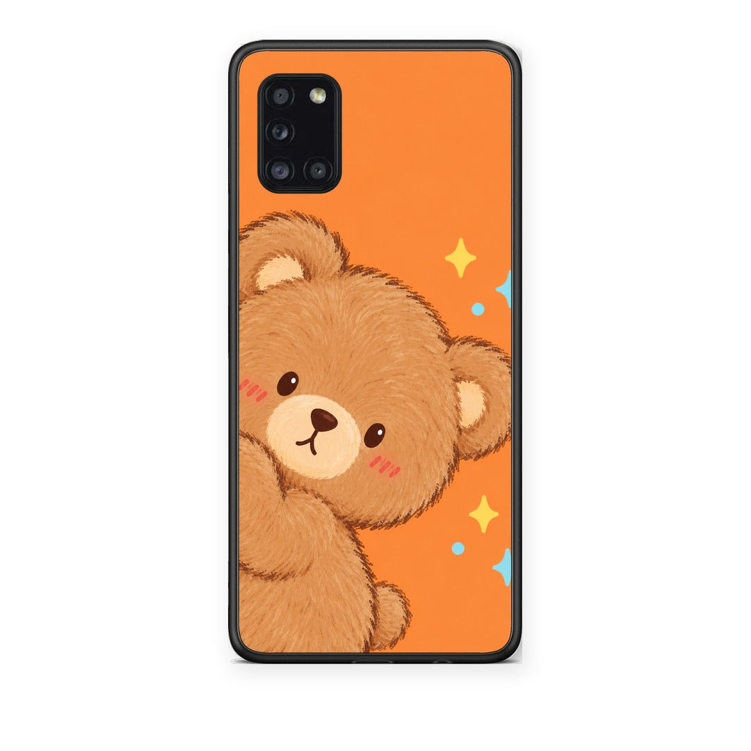 Θήκη Samsung Galaxy A31 Peekaboo Teddy on Orange από τη Smartfits με σχέδιο στο πίσω μέρος και μαύρο περίβλημα | Samsung Galaxy A31 Peekaboo Teddy on Orange case with colorful back and black bezels