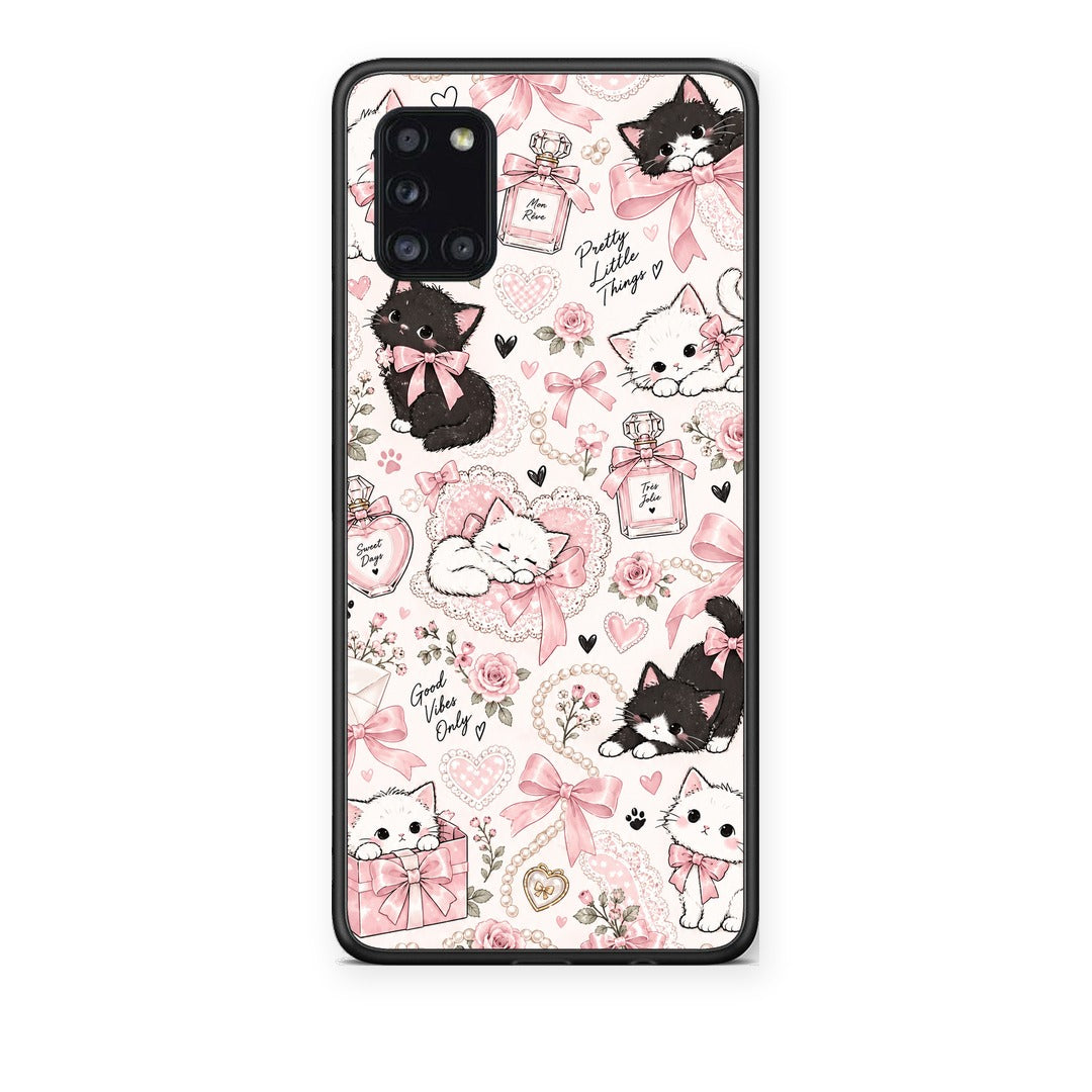 Θήκη Samsung Galaxy A31 Pink Bows and Kittens Collage από τη Smartfits με σχέδιο στο πίσω μέρος και μαύρο περίβλημα | Samsung Galaxy A31 Pink Bows and Kittens Collage case with colorful back and black bezels